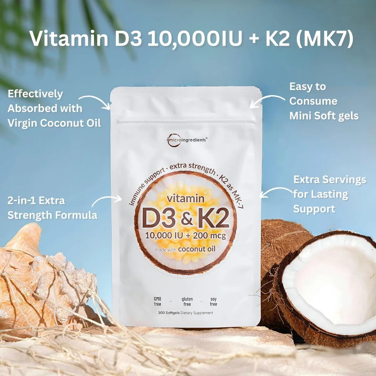 Micro Ingredients Vitamin D3 10,000 IU + K2 MK-7 200 mcg, 300 Soft gels